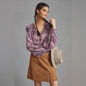 Anthropologie Floral Smocked Waist Blouse Lavender Purple Boho Ruffle Top M